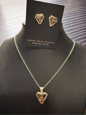 Sterling Silver Geometric Heart Pendant Necklace with Earrings - Silver